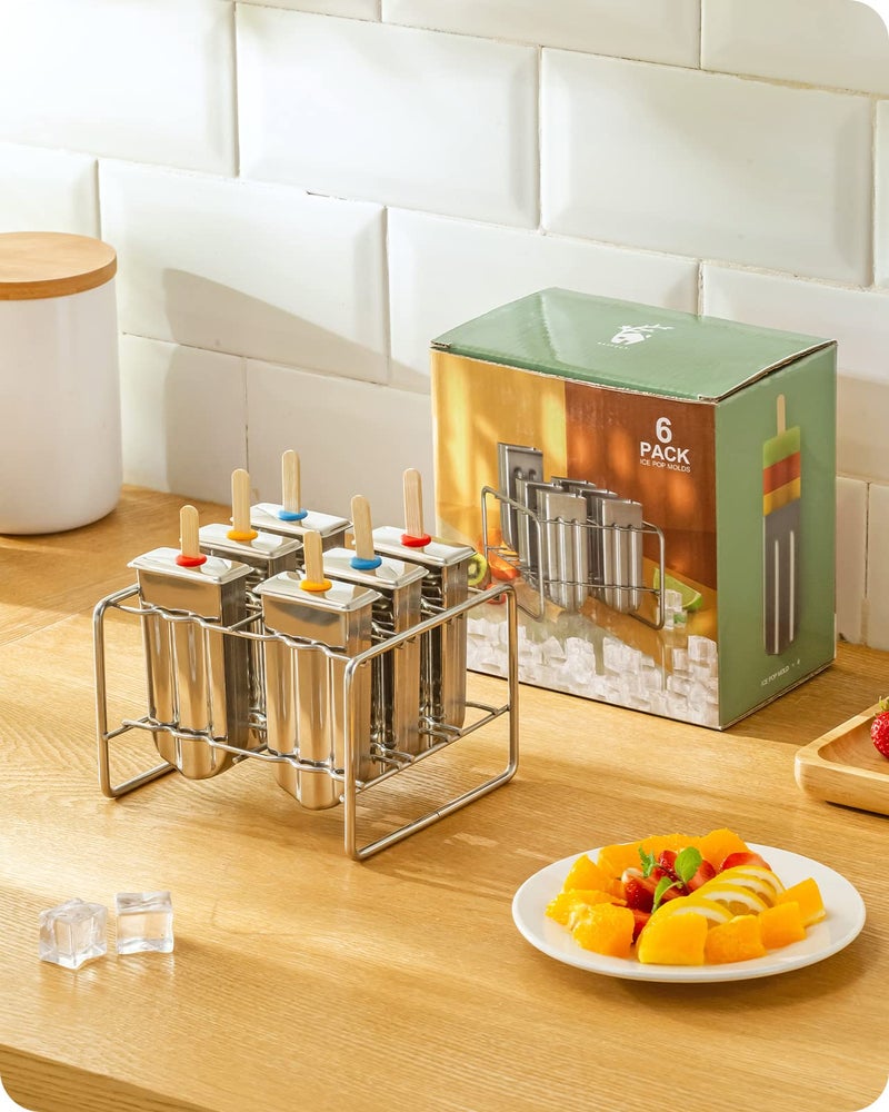 Baffect Metal Popsicle Moulds, Set of 6 Round Head Stainless Steel Ice Lolly Molds with Holder, Fast Freezing Ice Cream Makers with Lollipop Sticks and Bags - Image 1